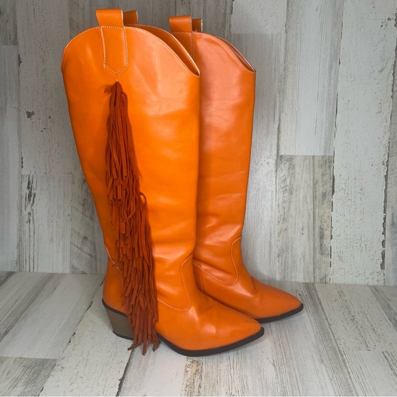 Knee High Faux Leather Tassel Fringe Pointed Toe Cowboy Boots- Orange Size 38 - Picture 2 of 16